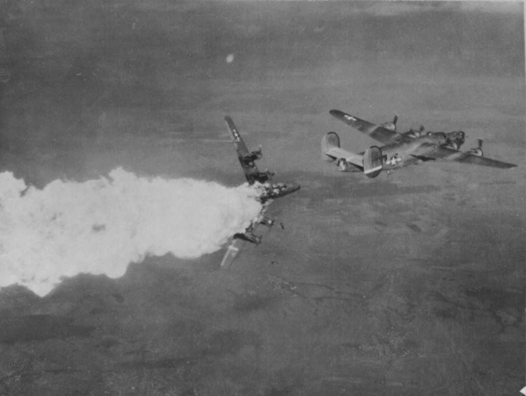 B-24H Liberator bomber of 783rd Bomb Squadron in flames 